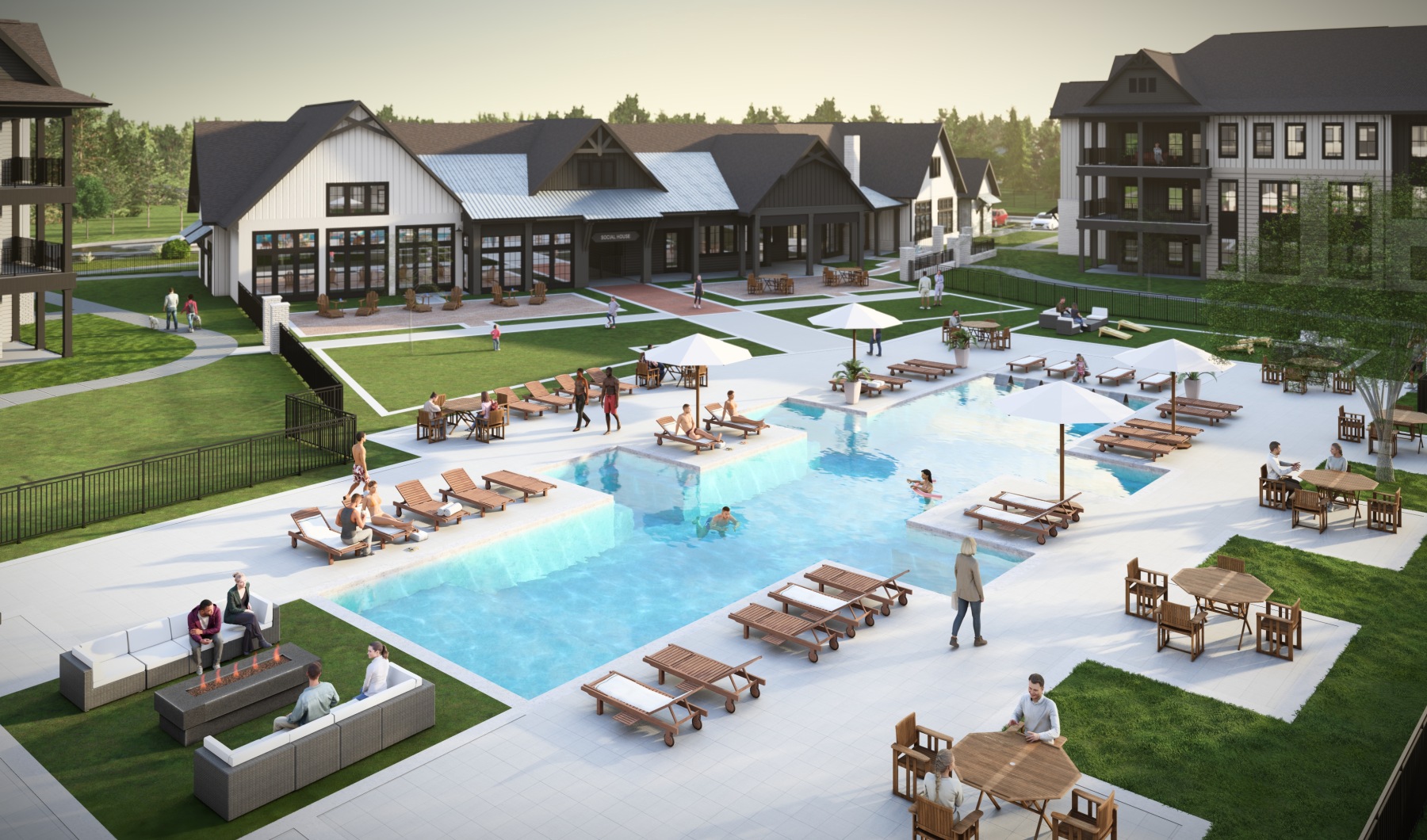 Luxury apartment community in Mobile, AL with Resort-Style Pool and Sundeck with Seating and Courtyard Leading Into a Clubhouse and Leasing Office Space
