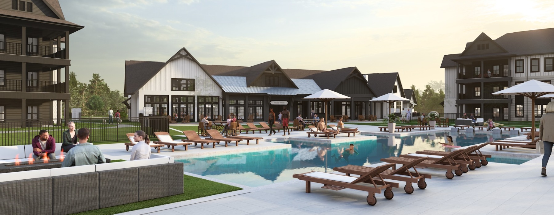 a building with a pool and benches