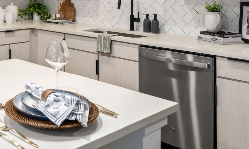 Stainless steel GE appliance suite in a Portier Midtown kitchen