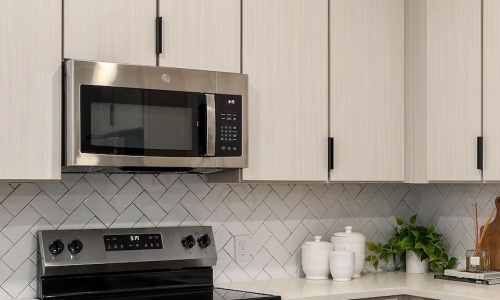 Stainless steel GE appliance suite in a Portier Midtown kitchen