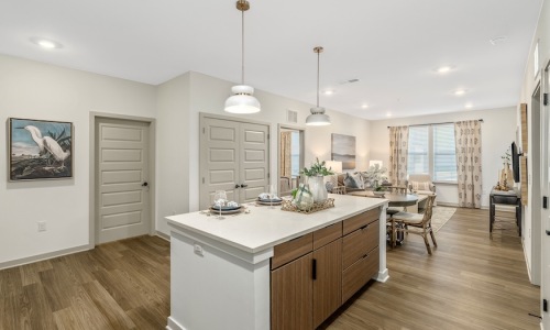 Warm wood-look luxury vinyl flooring (Shaw Reside, Assurance) at The Portier Midtown
