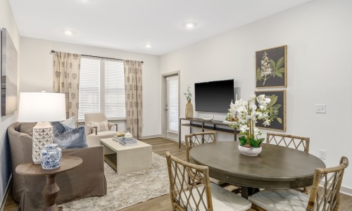 Soft white Sherwin-Williams Snowbound (SW 7004) walls in a Portier Midtown apartment