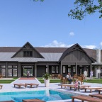a building with a pool and benches
